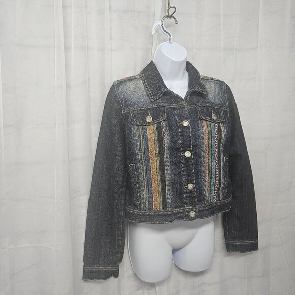 Hot Kiss Blue Denim Aztec Tapestry Jean Jacket Bohemian Southwestern Cropped L - Picture 4 of 11